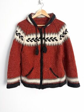 Vintage 1970s Hand Knit Wool Hooded Cowichan Style Zip Up - Size S